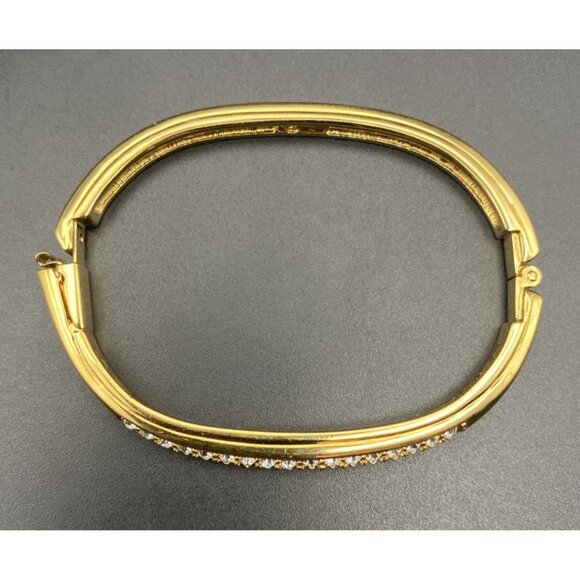 Swarovski Bangle Bracelet Hinged Oval Yellow Gold Plated Crystal Swan Signed - Picture 2 of 11